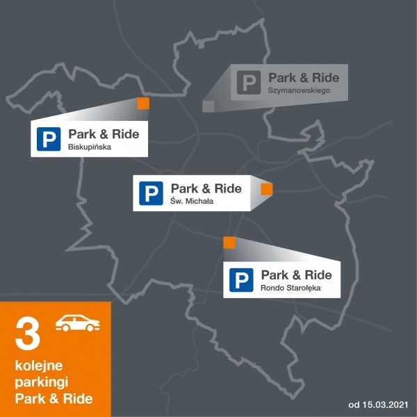 grafika przedstawia schemat mapy Poznania z lokalizacją parkingów P&R