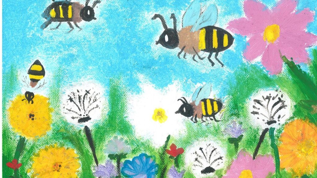 Jedna ze zwycięskich prac konkursowych. Na rysunku 4 latające pszczoły pośród różowych, żółtych, niebieskich i białych kwiatów.