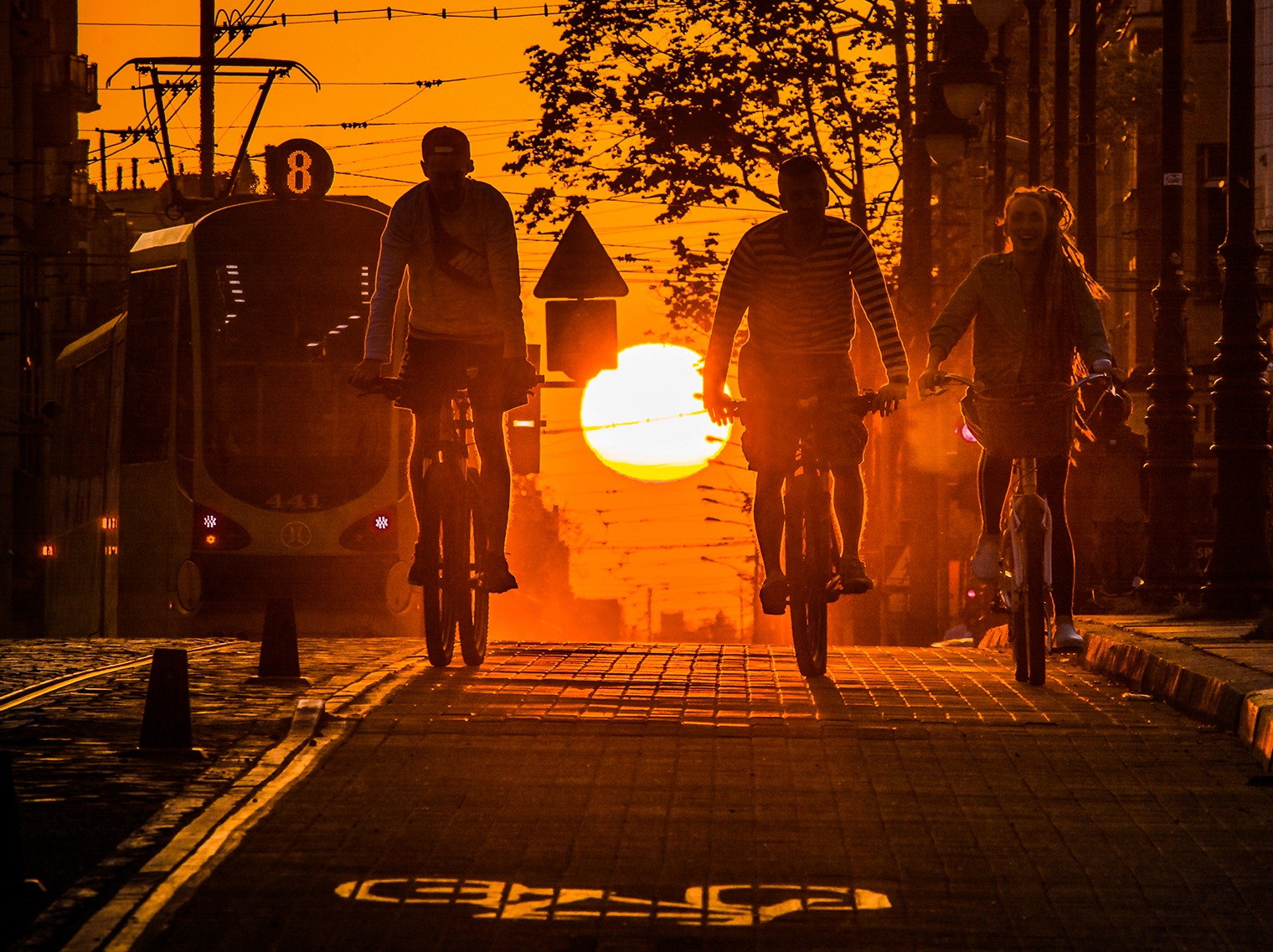 na zdjęciu rowerzyści na tle zachodzącego słońca