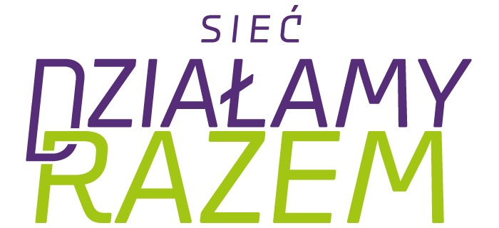 Logo. Na białym tle napis fioletowo-zielony Sieć Działamy Razem