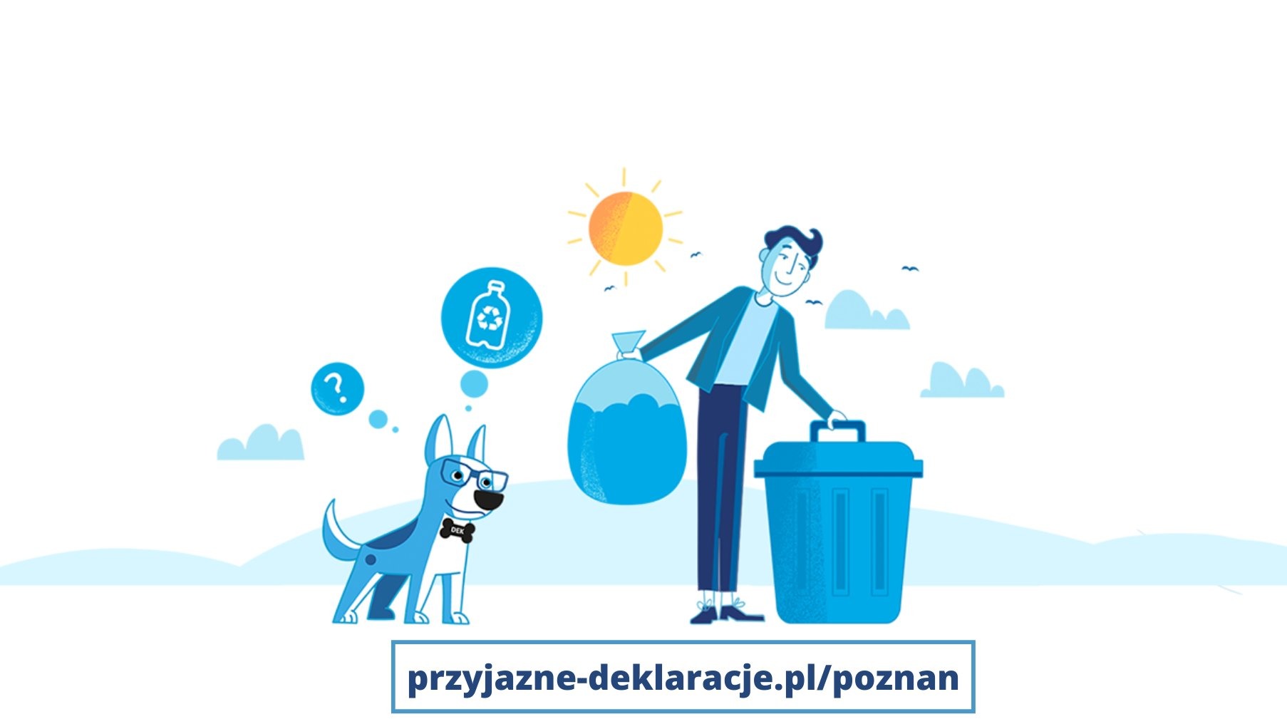 grafika przyjznych deklaracji przedstawiająca psa i mężczyznę wyrzucającego śmieci