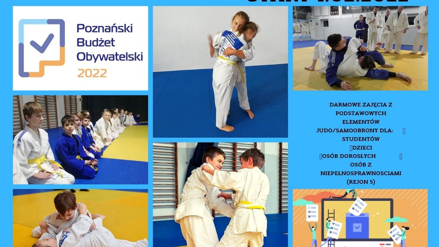 Plakat, na plakacie zdjęcia dzieci oraz osób dorosłych trenujących sztuki walki, napis Poznański Budżet Obywatelski 2022