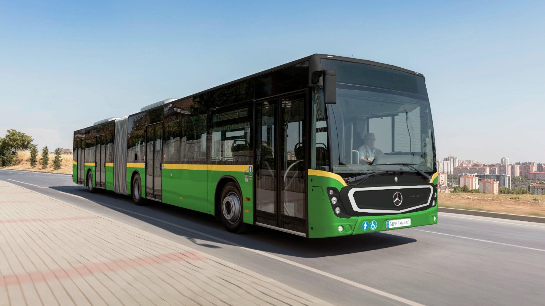 Autobus Mercedes Benz Conecto G w kolorze zielonym z żółtymi elementami 