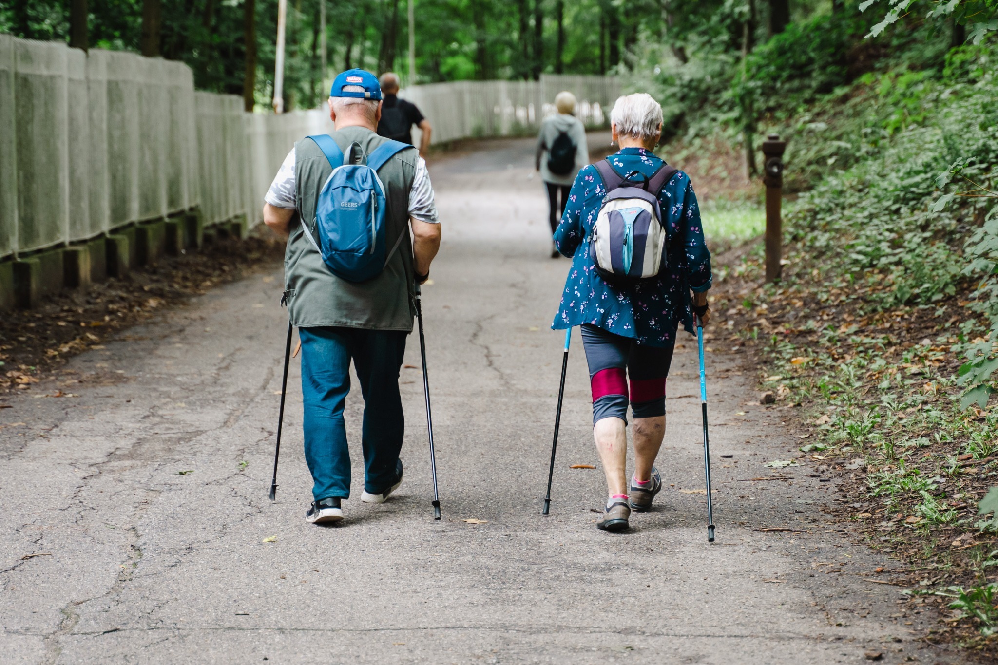 Dwójka seniorów w parku spaceruje przy użyciu kijków. Jest to nordic walking.